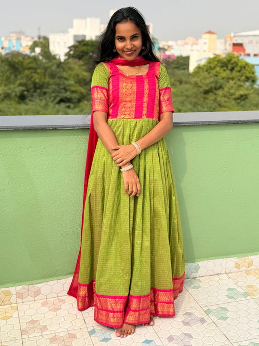 Green 3-in-1 cotton Anarkali with pink Georgette dupatta and belt - front view