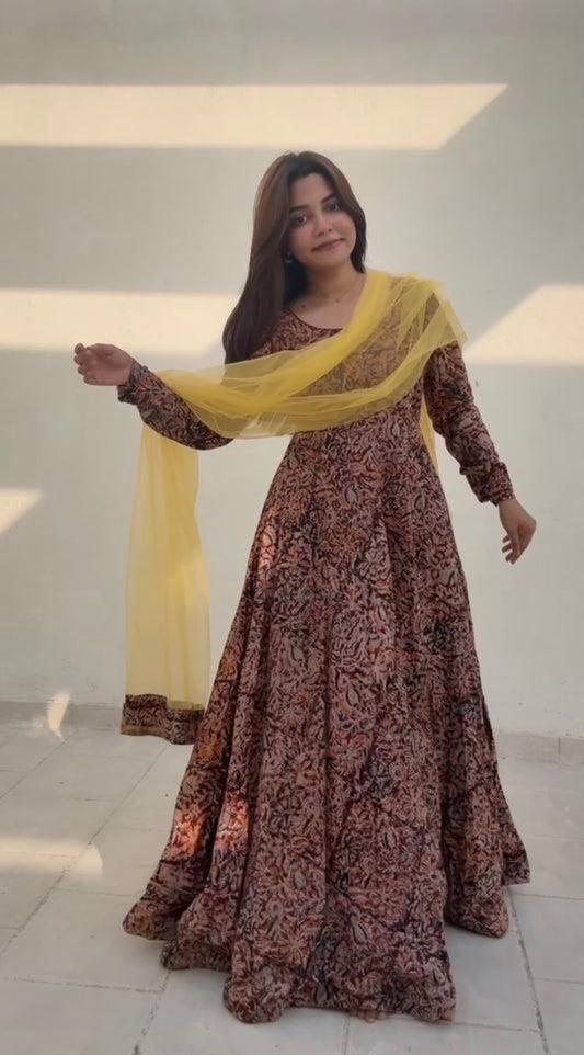 Kalamkari Anarkali with yellow dupatta - full length