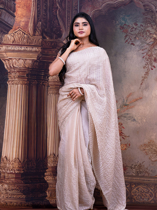Ivory sugar beads designer saree - view 1