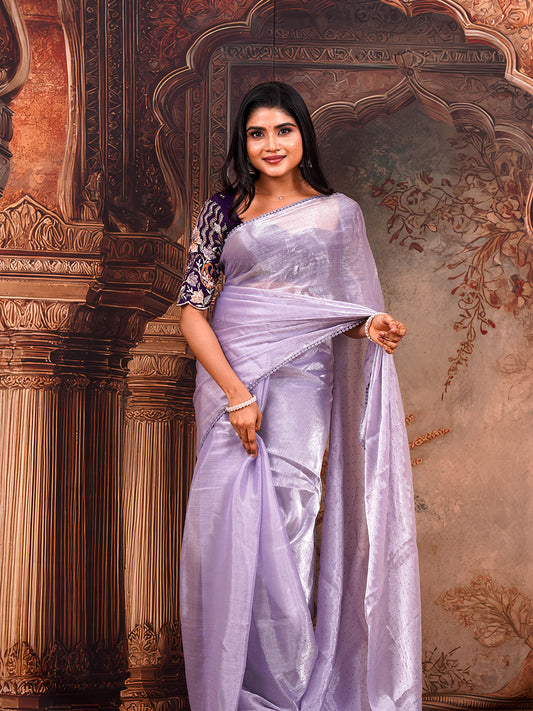 Grey crushed stone work fancy saree with contrast blouse - view 2