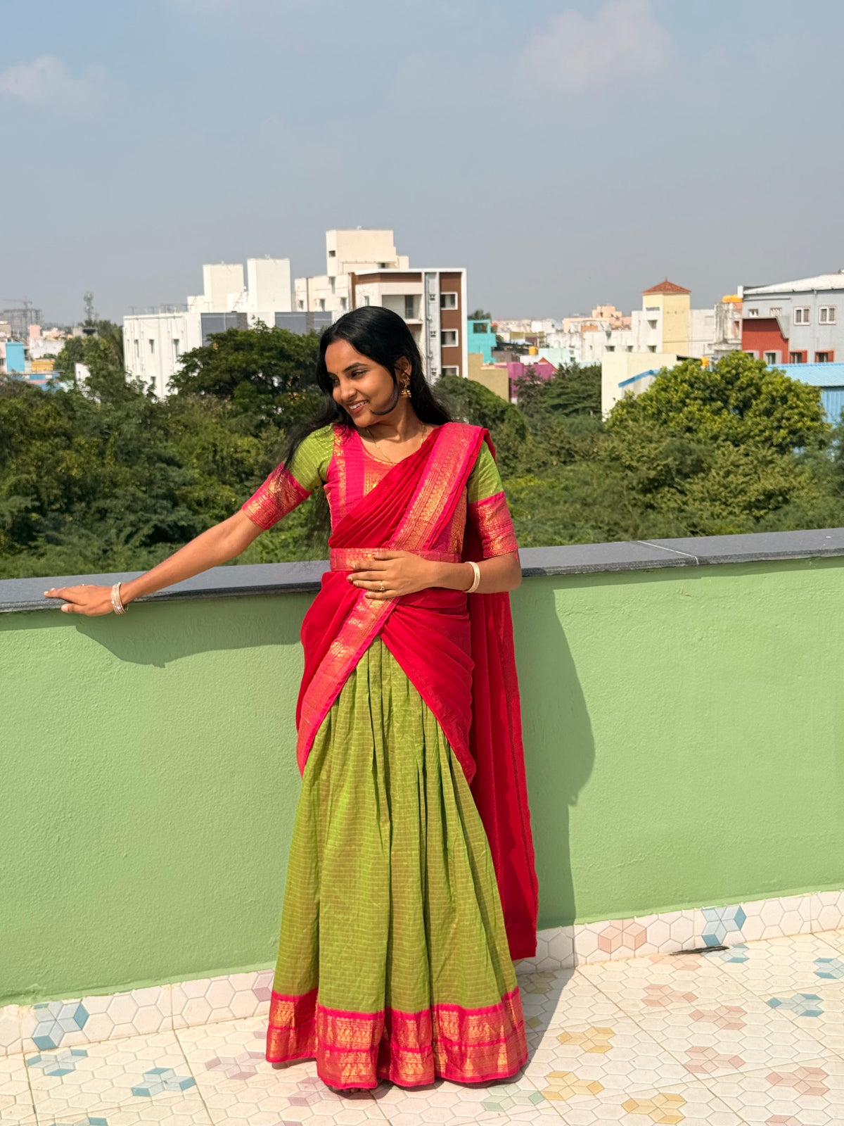 Green cotton Anarkali 3-in-1 set styled
