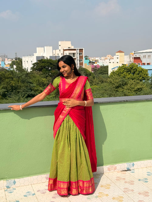 Green cotton Anarkali 3-in-1 set styled
