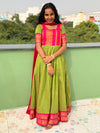 Green 3-in-1 cotton Anarkali with pink Georgette dupatta and belt - front view