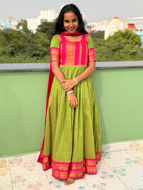 Green 3-in-1 cotton Anarkali with pink Georgette dupatta and belt - front view