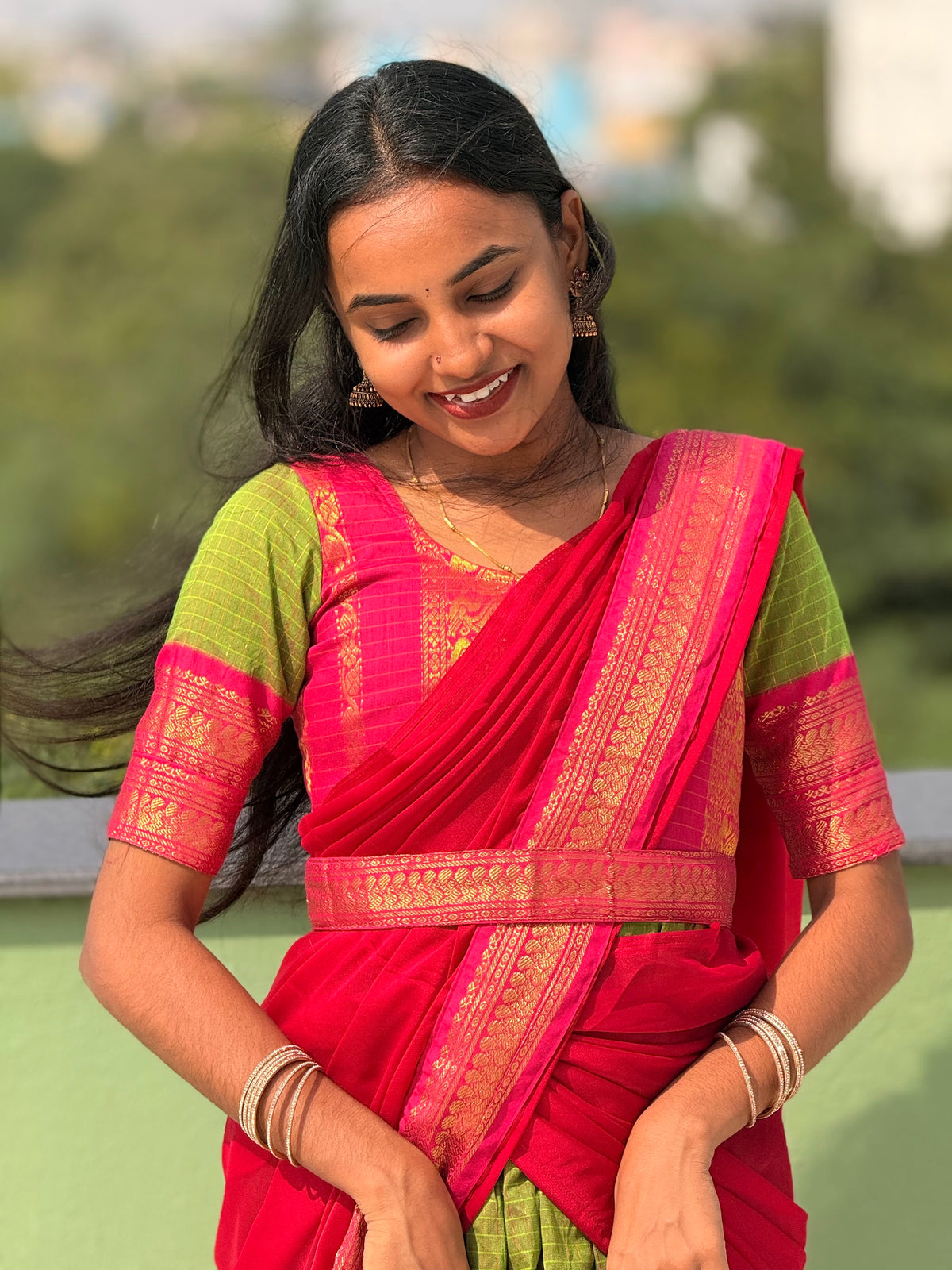 Green cotton Anarkali set side view