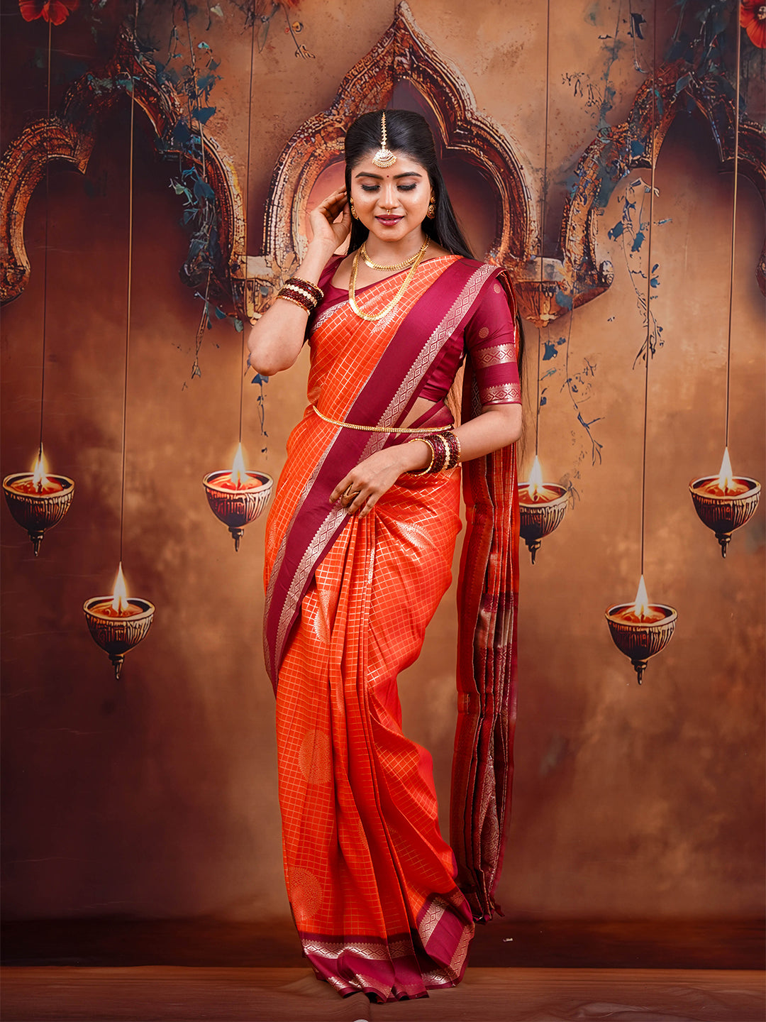 Rust Orange Semi Silk Saree with Maroon Border