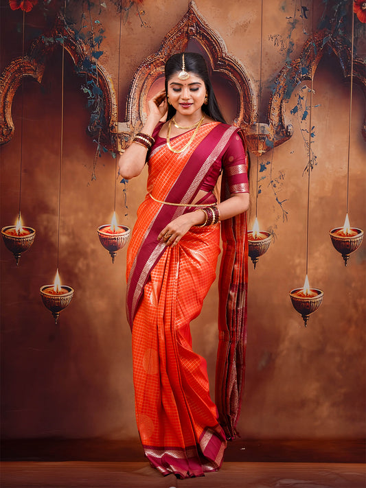 Rust Orange Semi Silk Saree with Maroon Border