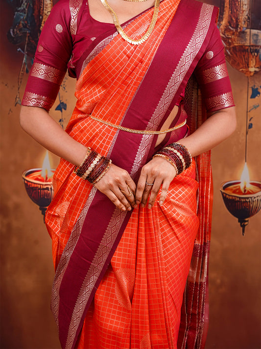 Rust Orange Semi Silk Saree with Maroon Border