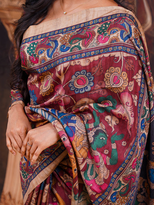 Brown Kalamkari semi tussar silk saree - view 4