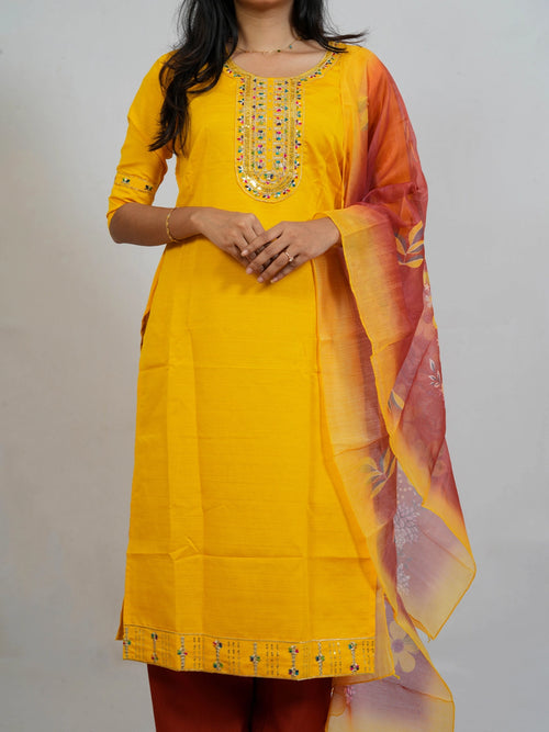 Yellow & Red 3 Piece Kurti Set - view 3