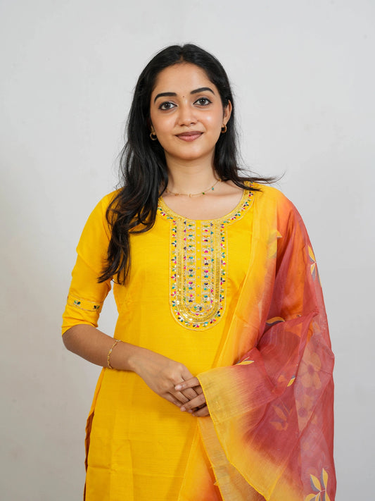 Yellow & Red 3 Piece Kurti Set - view 1