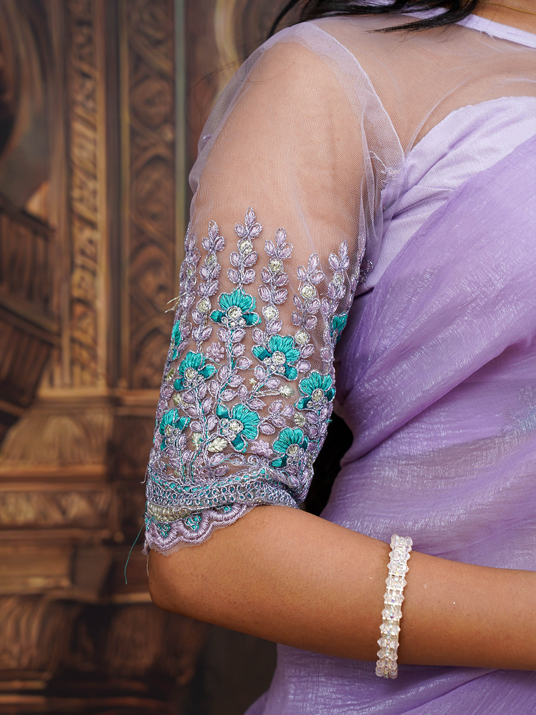 Lavender crushed saree with netted blouse and belt - view 2