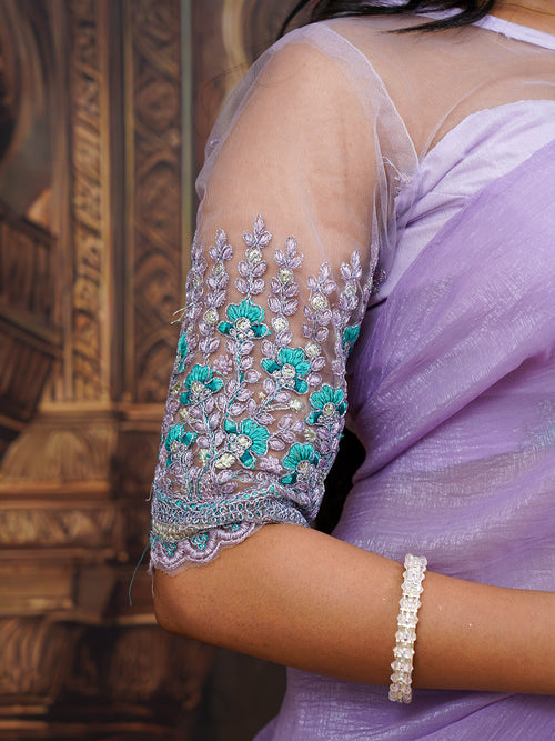 Lavender crushed saree with netted blouse and belt - view 2