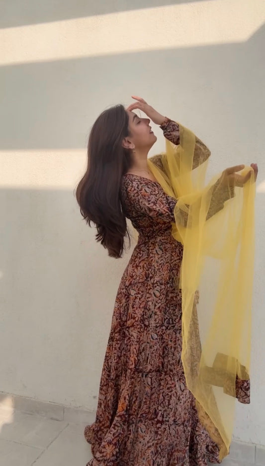 Brown Kalamkari cotton Anarkali with yellow contrast dupatta - front view