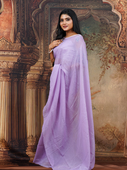 Lavender crushed saree with netted blouse and belt - view 7
