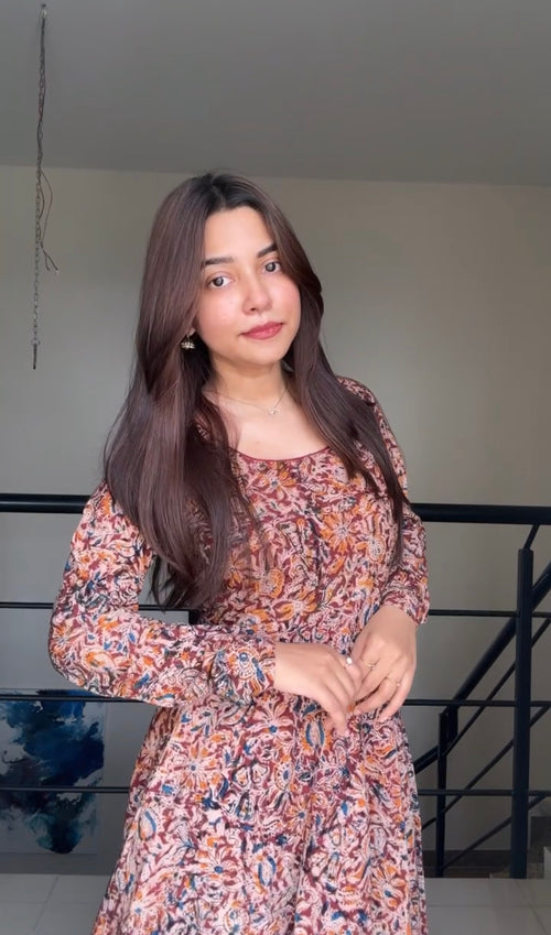Brown Kalamkari cotton Anarkali full sleeve front