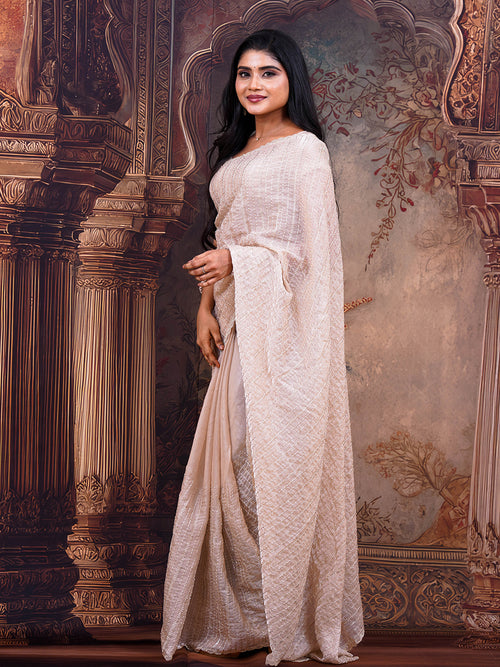 Ivory sugar beads designer saree - view 4