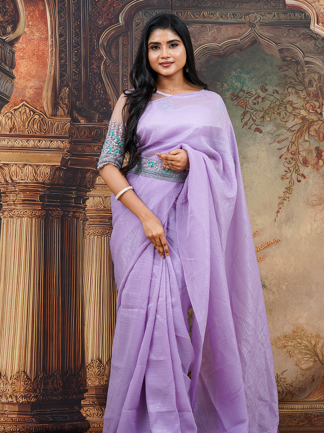 Lavender crushed saree with netted blouse and belt - view 4