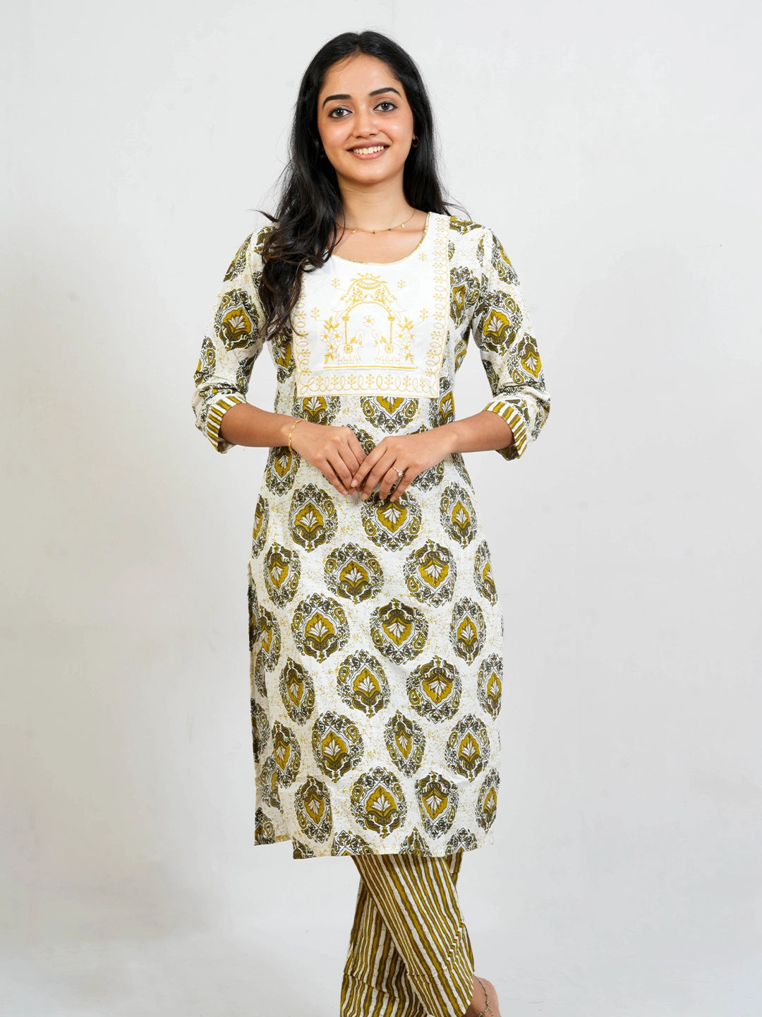 White And Yellow Shade Kurti With Pant - view 1