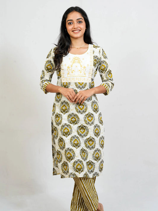 White And Yellow Shade Kurti With Pant - view 1