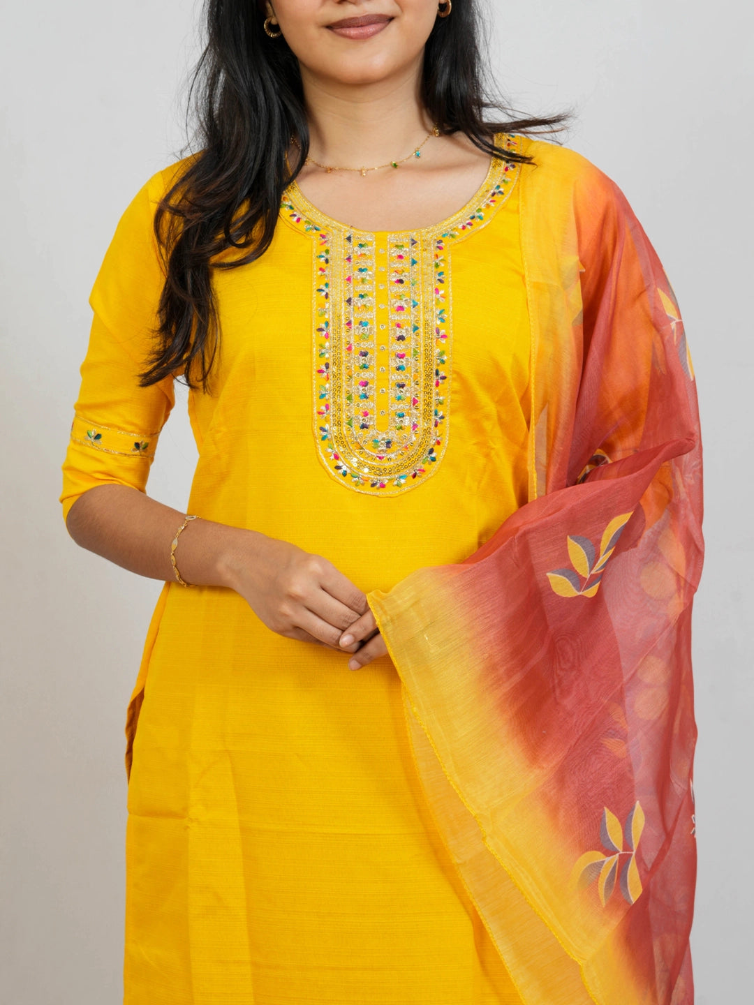 Yellow & Red 3 Piece Kurti Set - view 2