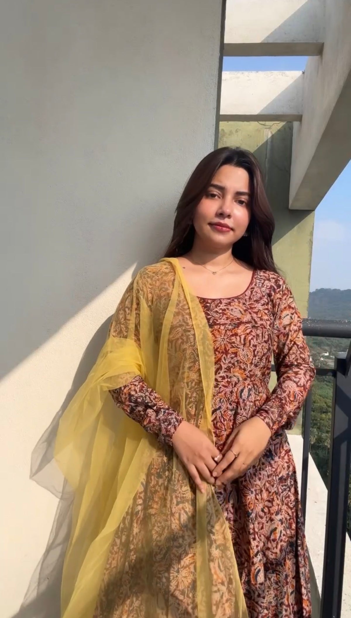 Kalamkari print Anarkali with contrast yellow dupatta