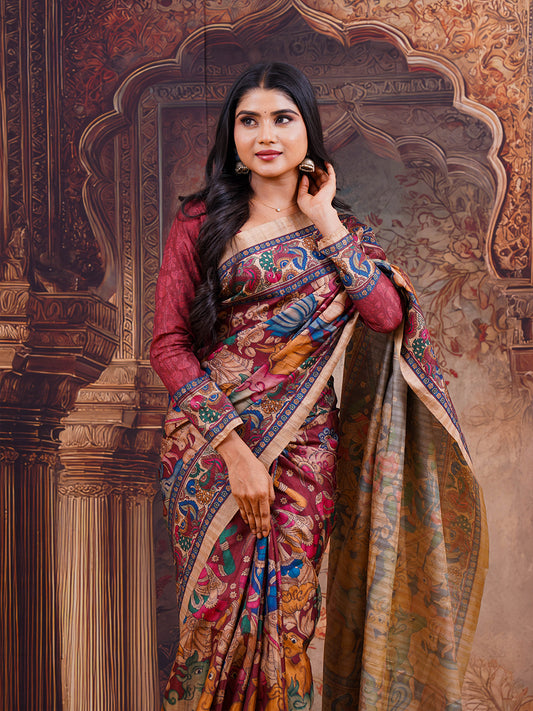 Brown Kalamkari semi tussar silk saree - view 2