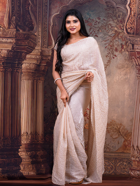 Ivory sugar beads designer saree - view 2