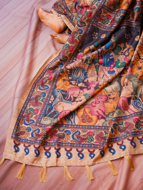 Brown Kalamkari semi tussar silk saree - view 1