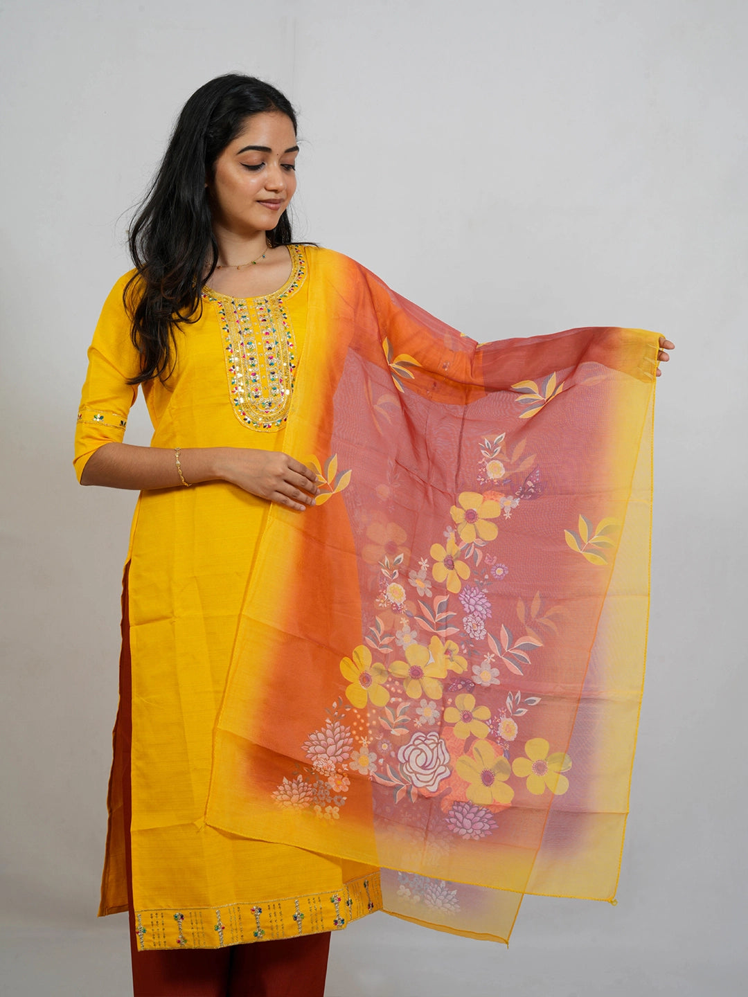 Yellow & Red 3 Piece Kurti Set - view 4
