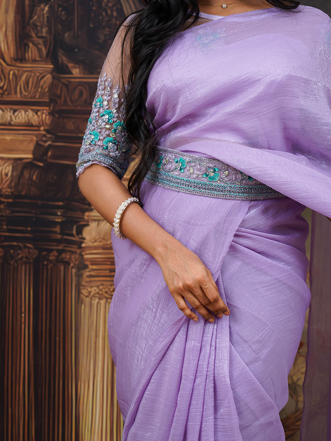 Lavender crushed saree with netted blouse and belt - view 5