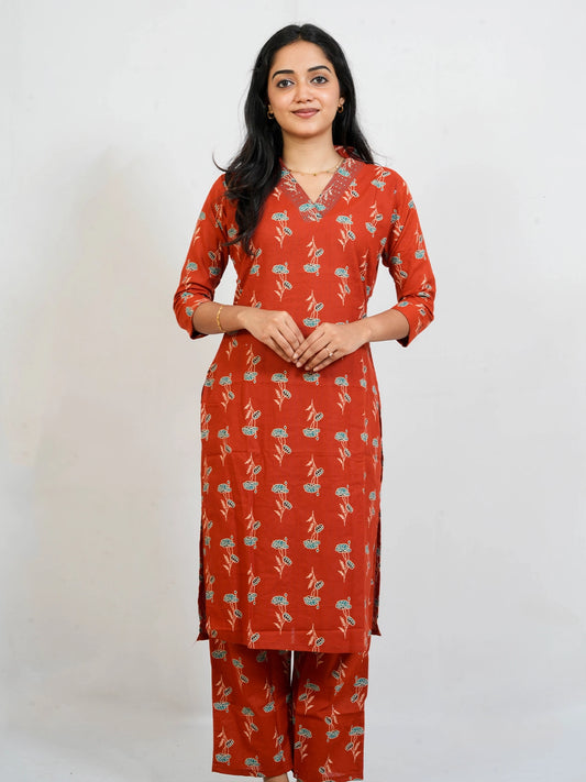 Rust Red Shade Kurti With Pant - view 1