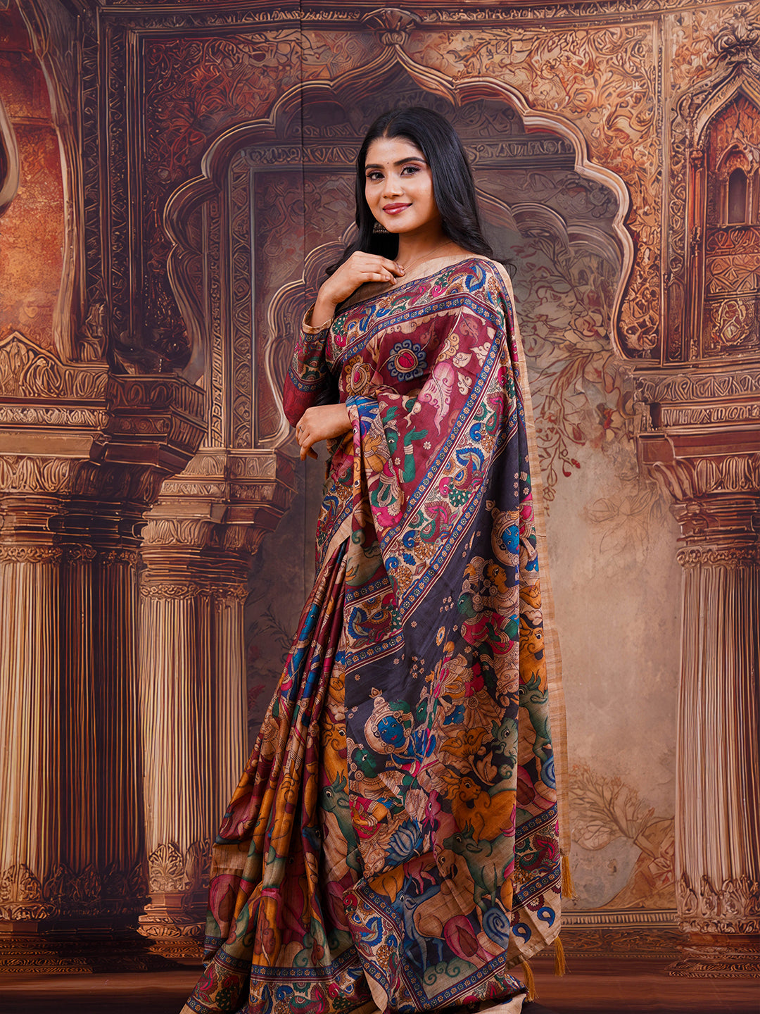Brown Kalamkari semi tussar silk saree - view 3