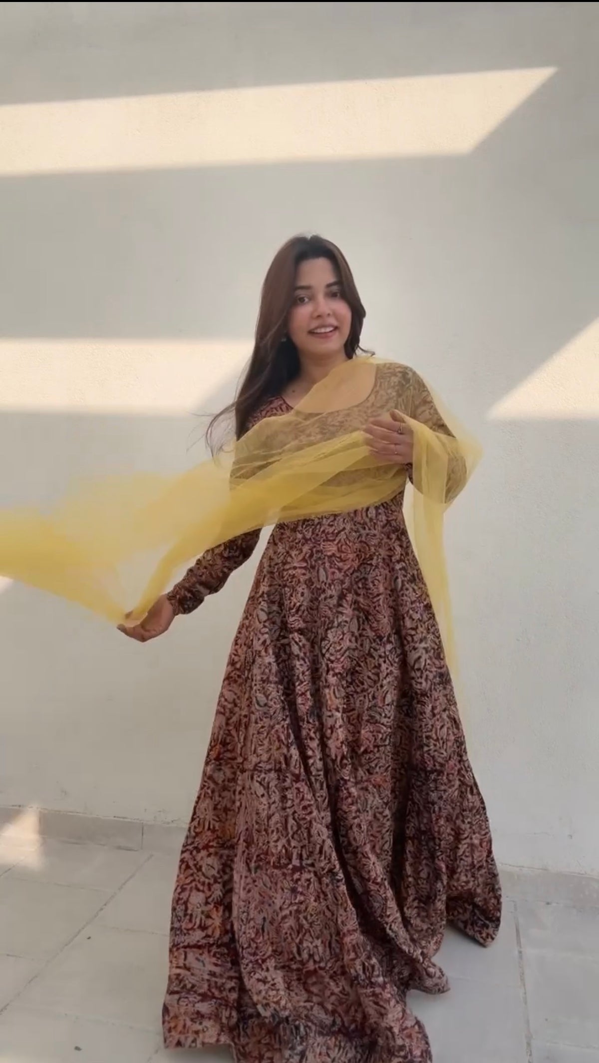 Brown cotton Kalamkari Anarkali flared silhouette